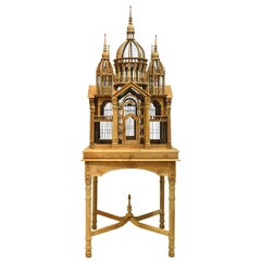 Cage à oiseaux vintage en bois de teck avec base de table en teck