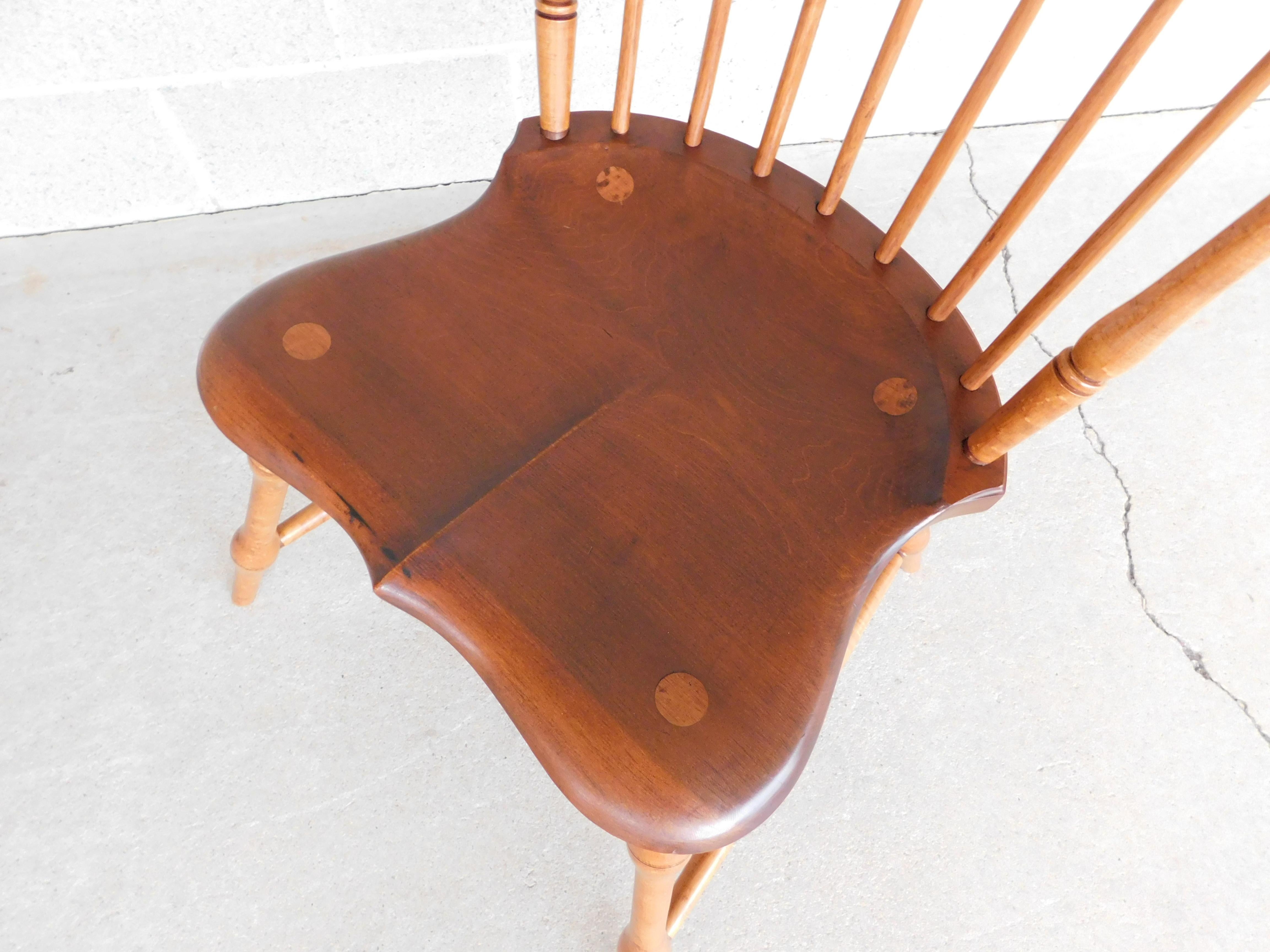 Features fine quality hand made solid hardwoods, beautiful details, appears to have cherry wood seat, tiger maple base/legs stretcher, and oak or ash back, Circa 1952

Very good condition - original finish, one arm chair shows early repair-