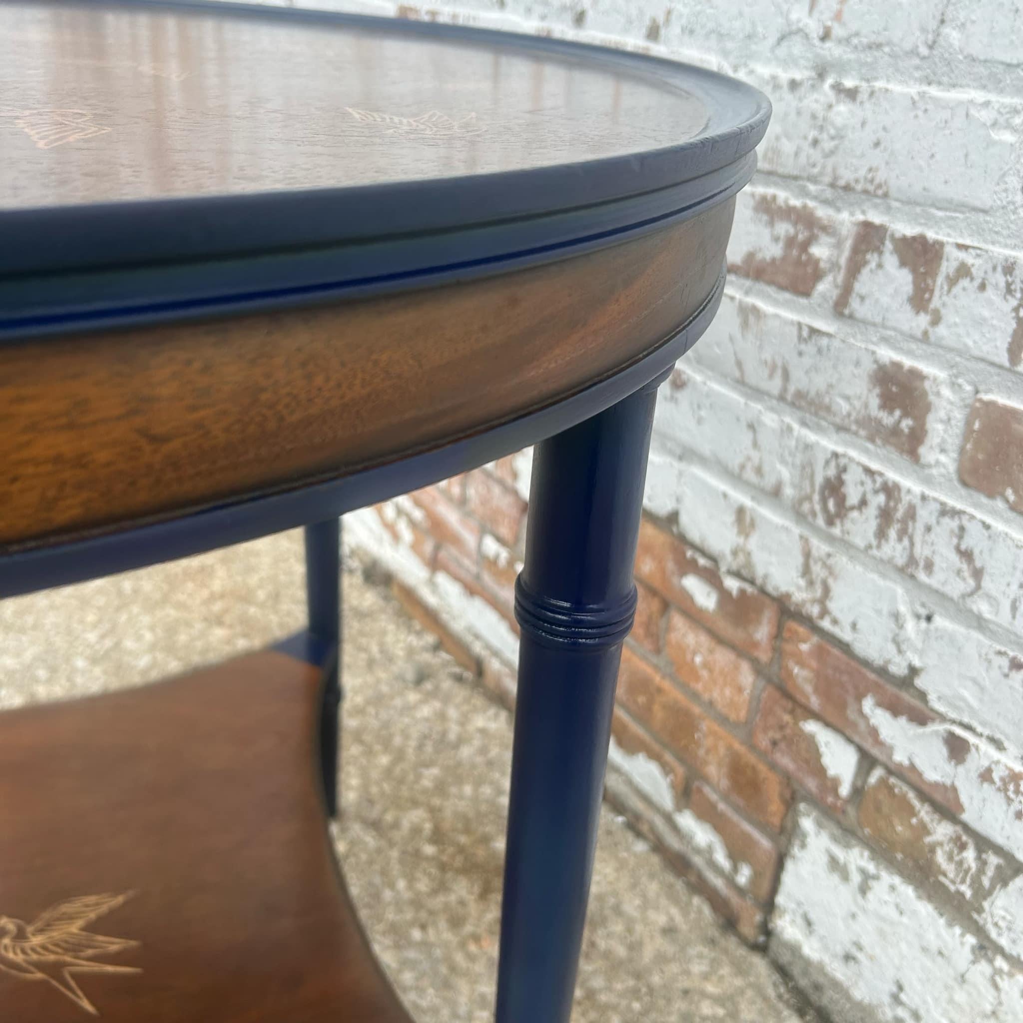 Unknown Vintage Bird in Flight Round Side Table - Natural and Navy Blue For Sale
