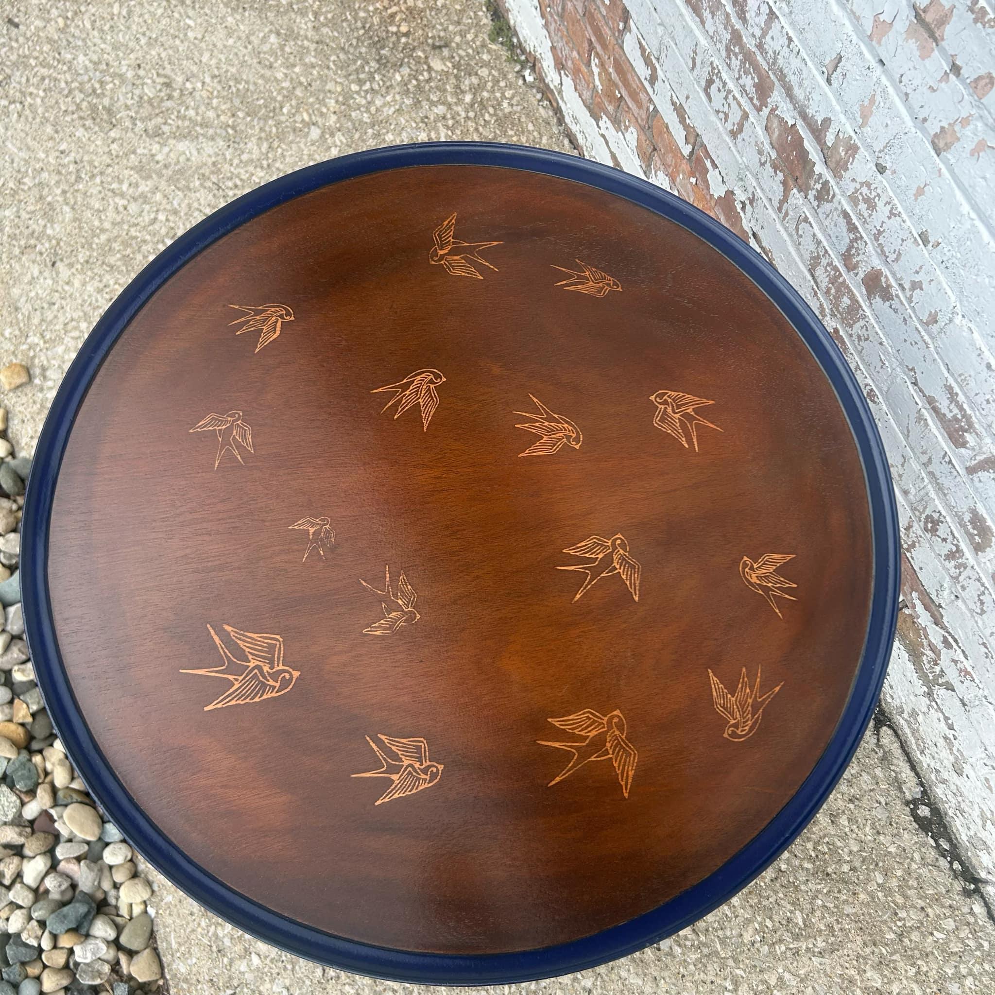 Painted Vintage Bird in Flight Round Side Table - Natural and Navy Blue For Sale