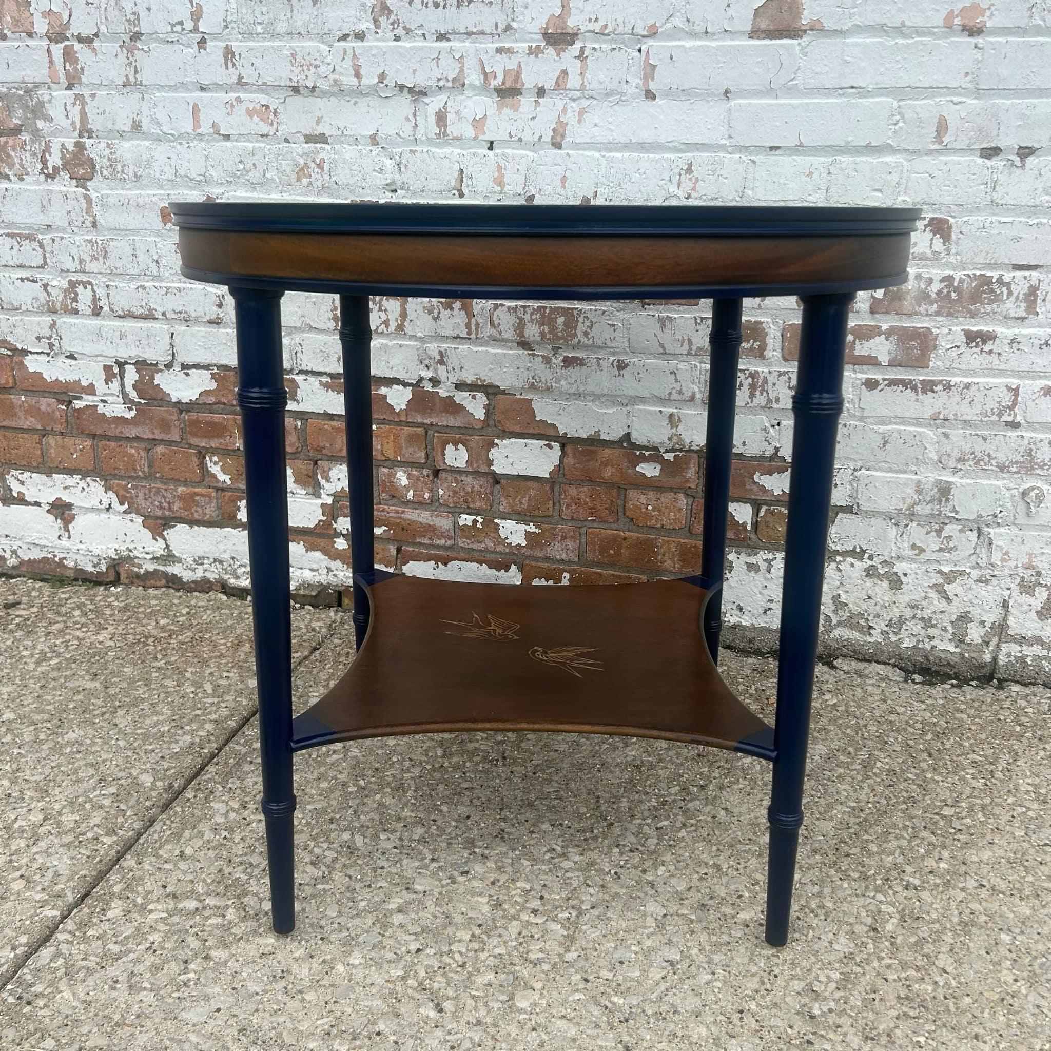 Vintage Bird in Flight Round Side Table - Natural and Navy Blue In Good Condition For Sale In Munster, IN