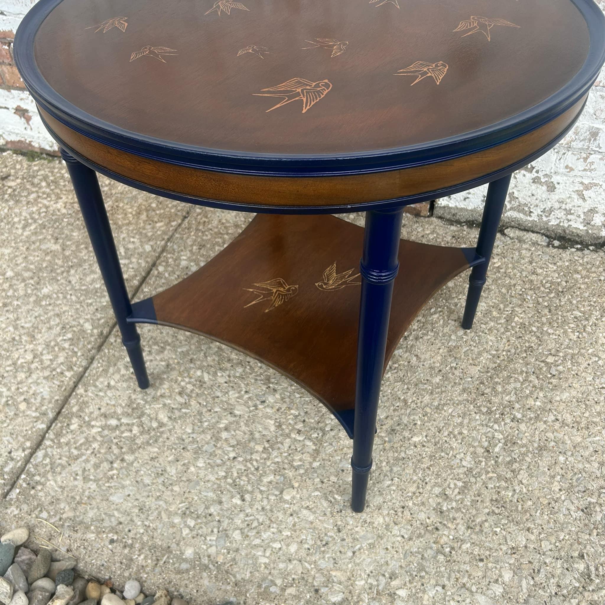 20th Century Vintage Bird in Flight Round Side Table - Natural and Navy Blue For Sale