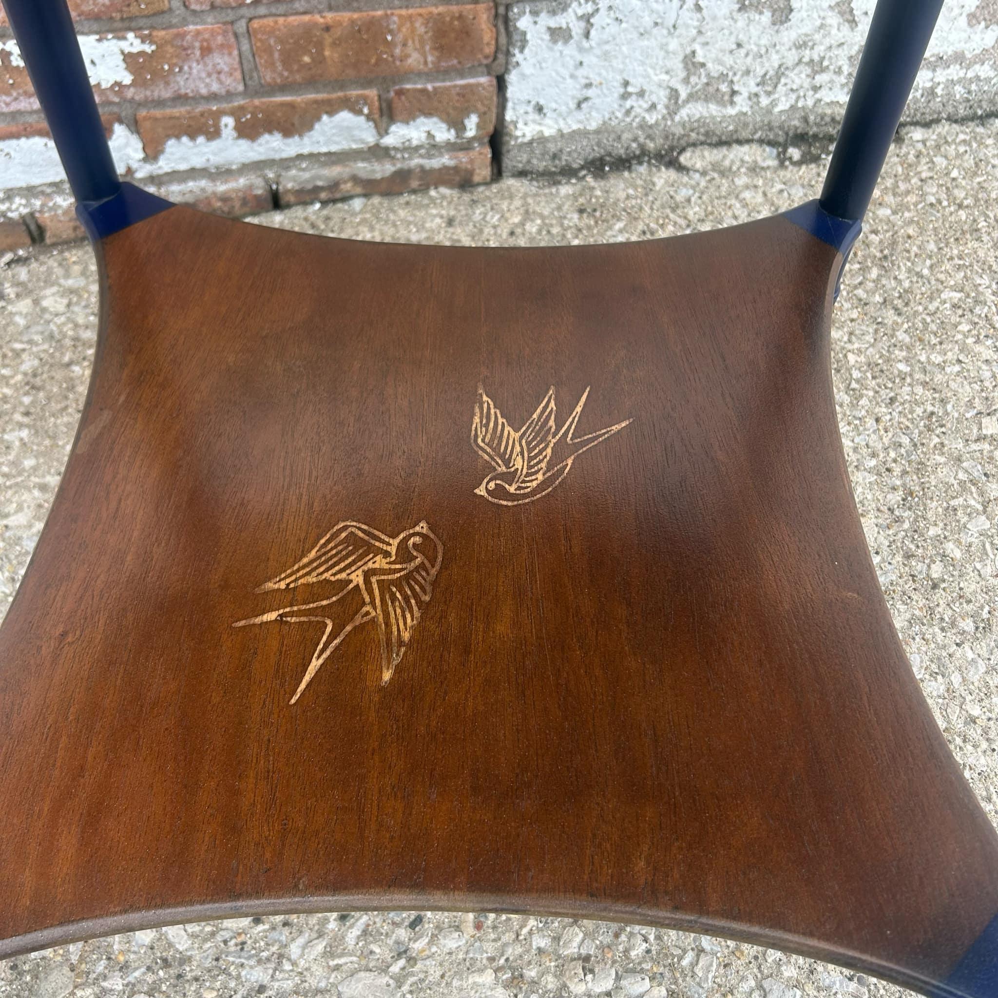 Wood Vintage Bird in Flight Round Side Table - Natural and Navy Blue For Sale