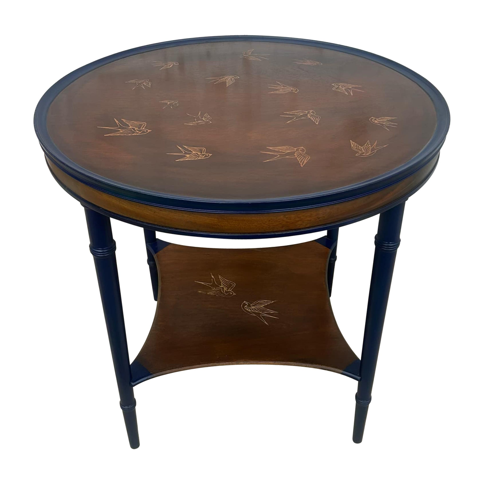 Vintage Bird in Flight Round Side Table - Natural and Navy Blue For Sale