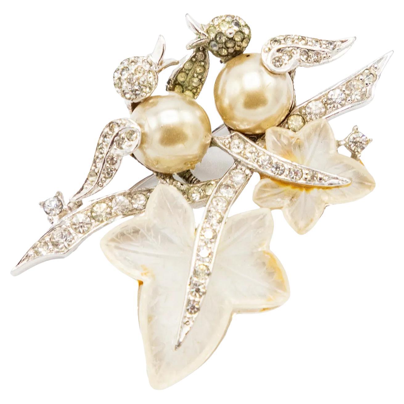 Vintage Bird & Leaf Brooch with Faux Pearls and Rhinestones - '50s