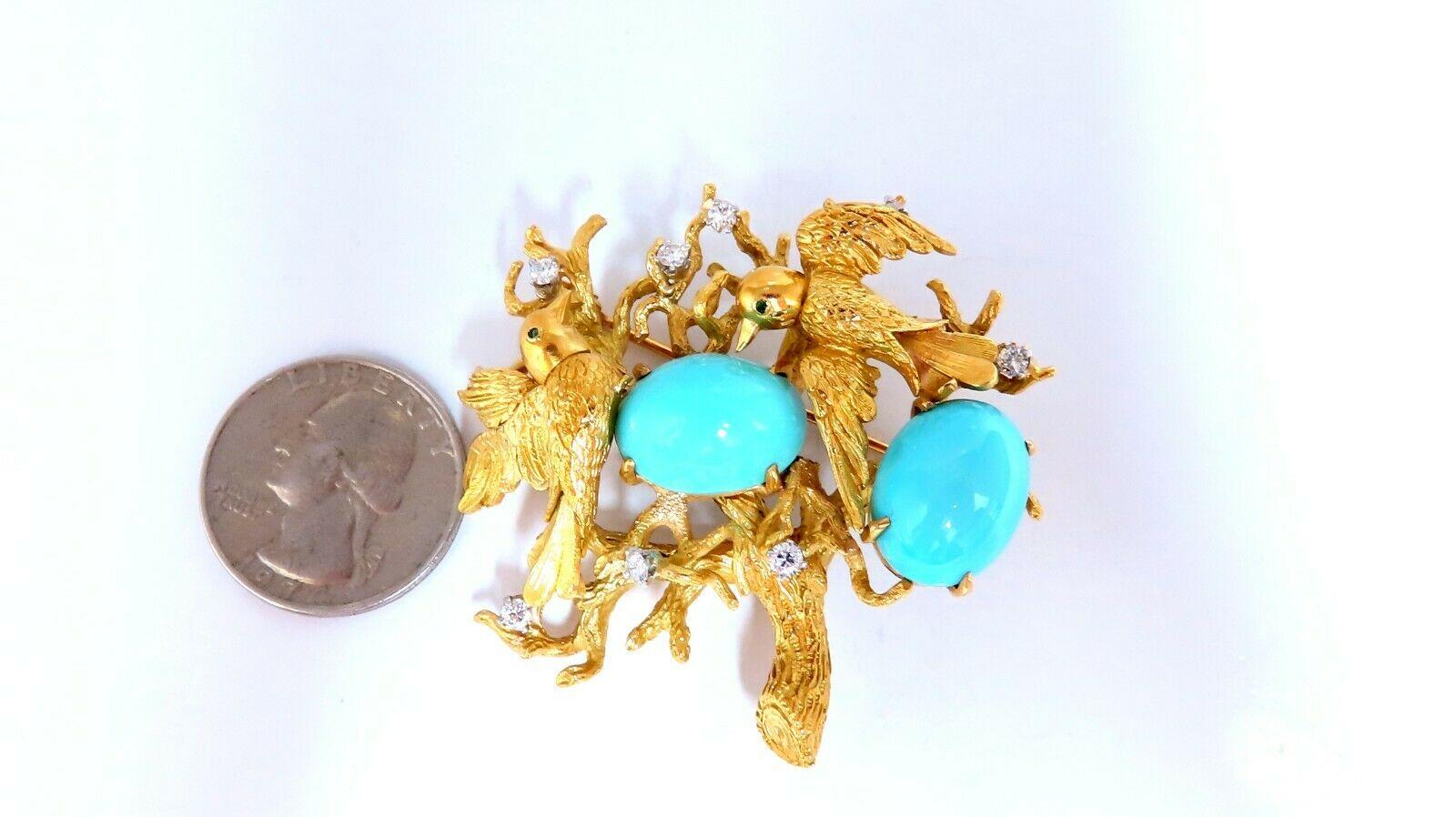 Uncut Vintage Bird Nest Eggs 20ct Turquoise 18kt Brooch High Intricate For Sale