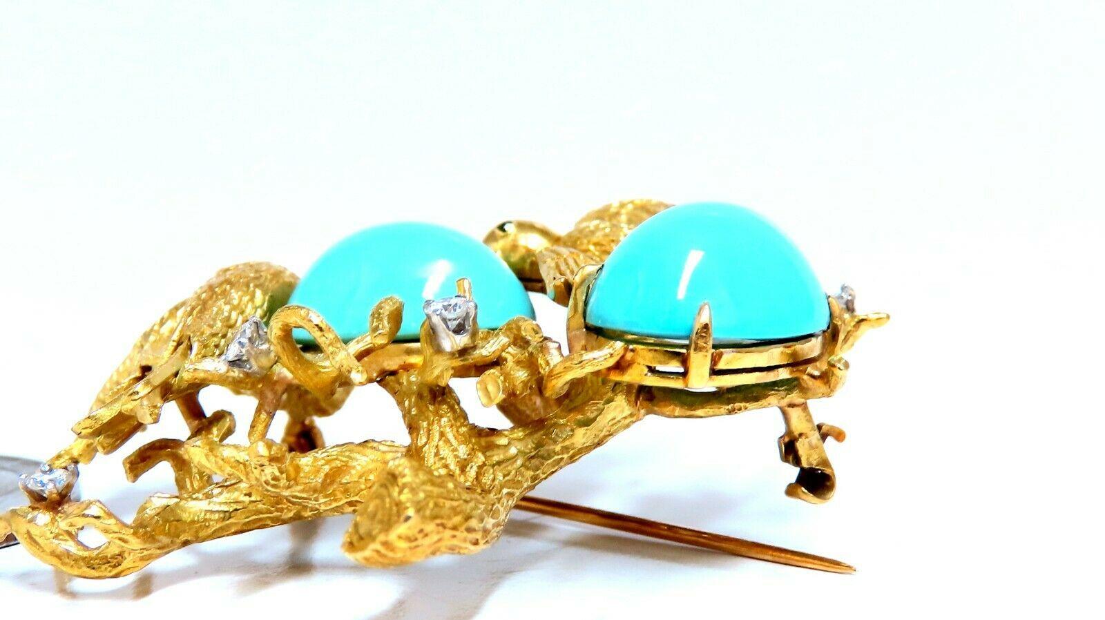 Vintage Bird Nest Eggs 20ct Turquoise 18kt Brooch High Intricate In New Condition For Sale In New York, NY