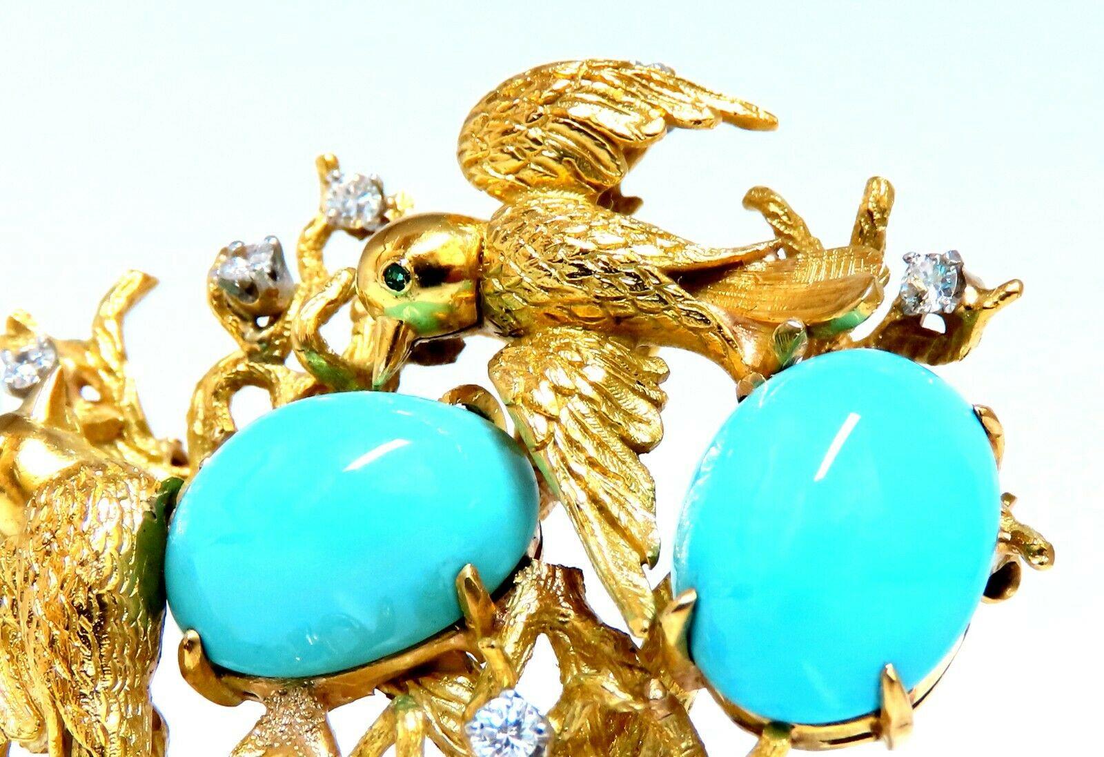 Women's or Men's Vintage Bird Nest Eggs 20ct Turquoise 18kt Brooch High Intricate For Sale