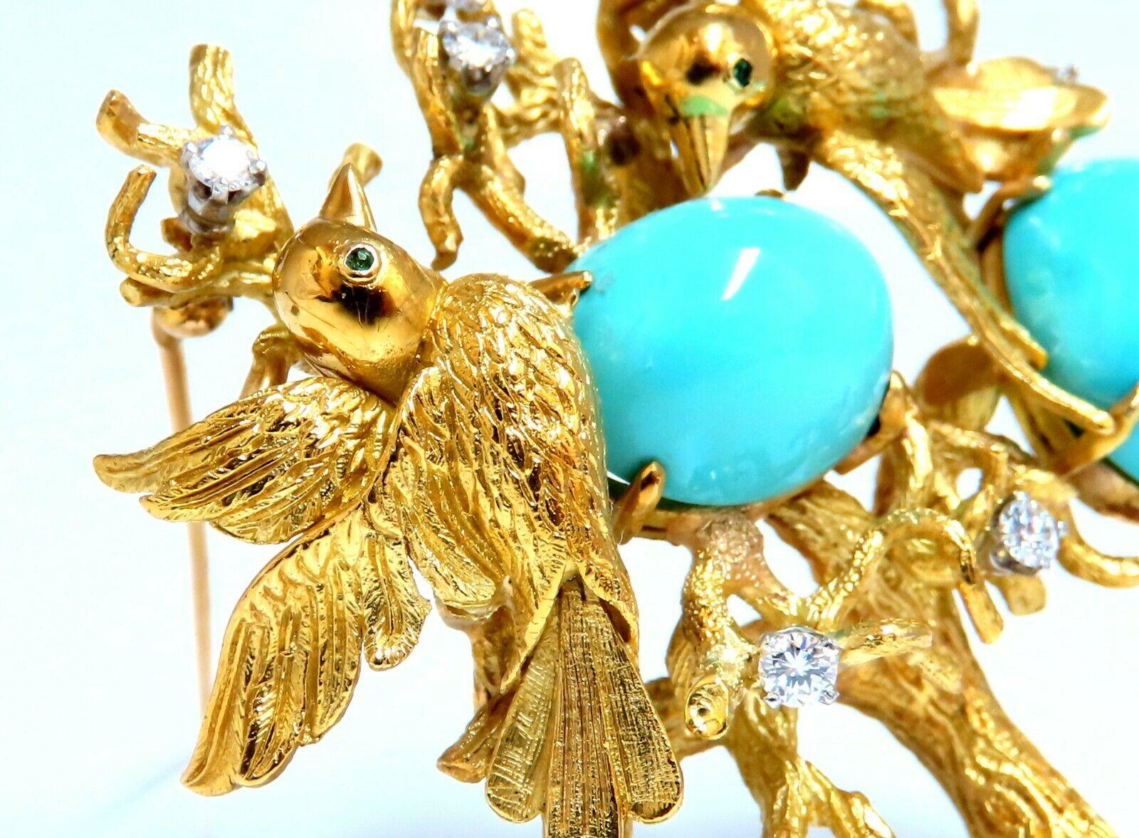 Vintage Bird Nest Eggs 20ct Turquoise 18kt Brooch High Intricate For Sale 1