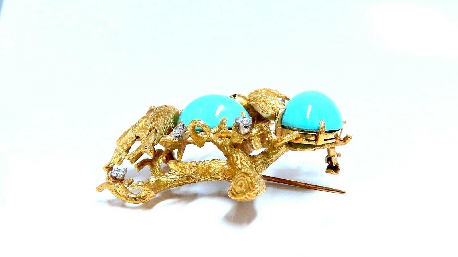 Vintage Bird Nest Eggs 20ct Turquoise 18kt Brooch High Intricate For Sale 2