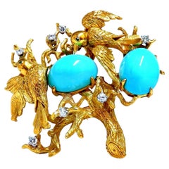 Vintage Bird Nest Eggs 20ct Turquoise 18kt Brooch High Intricate*