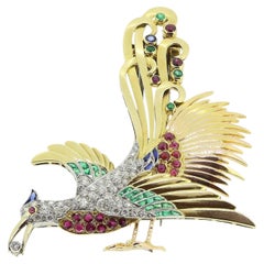 Vintage Bird Of Paradise Diamond Ruby Sapphire and Emerald Brooch