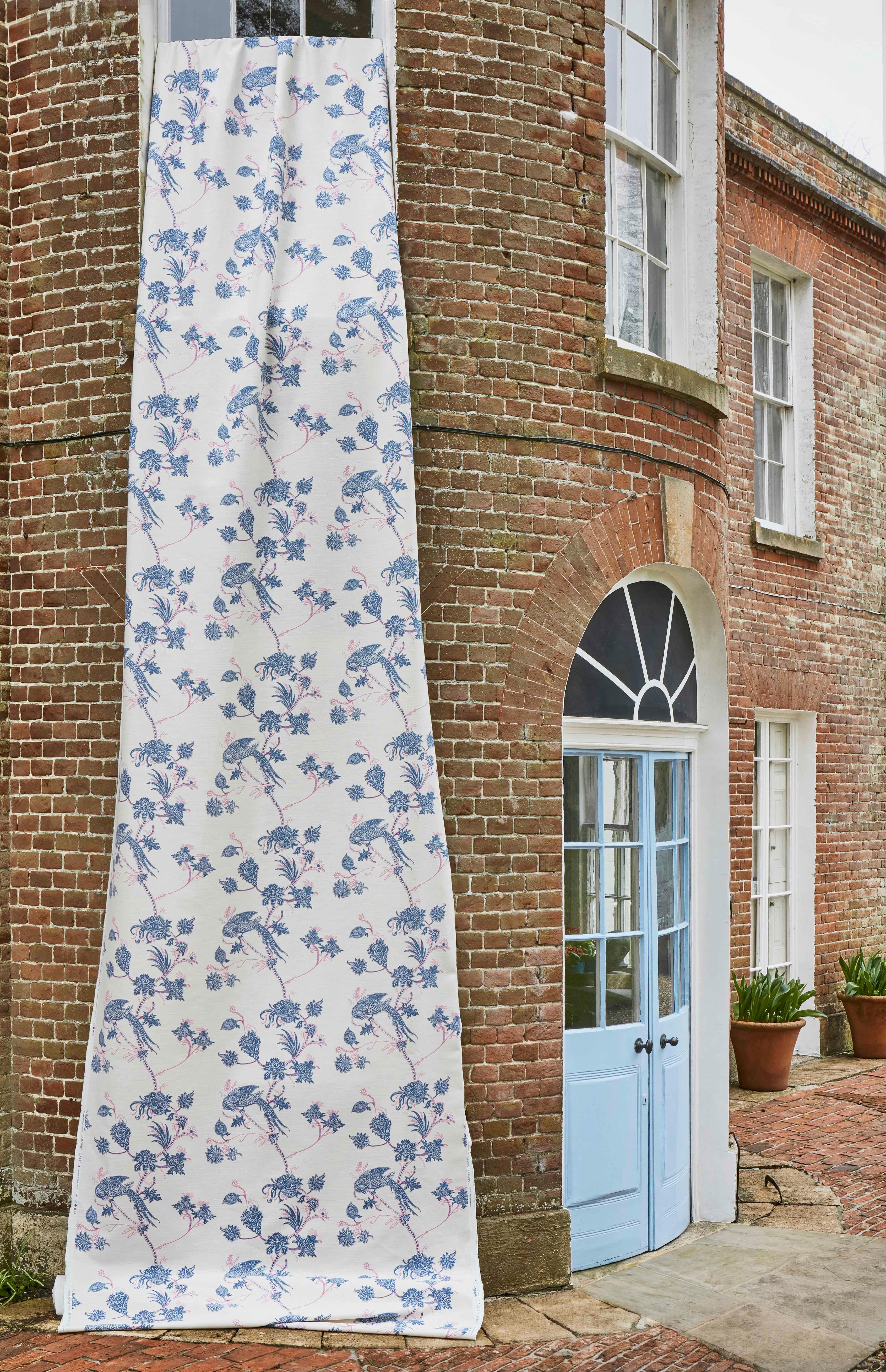 British 'Vintage Bird Trail' Contemporary, Traditional Fabric in Blue/Pink For Sale