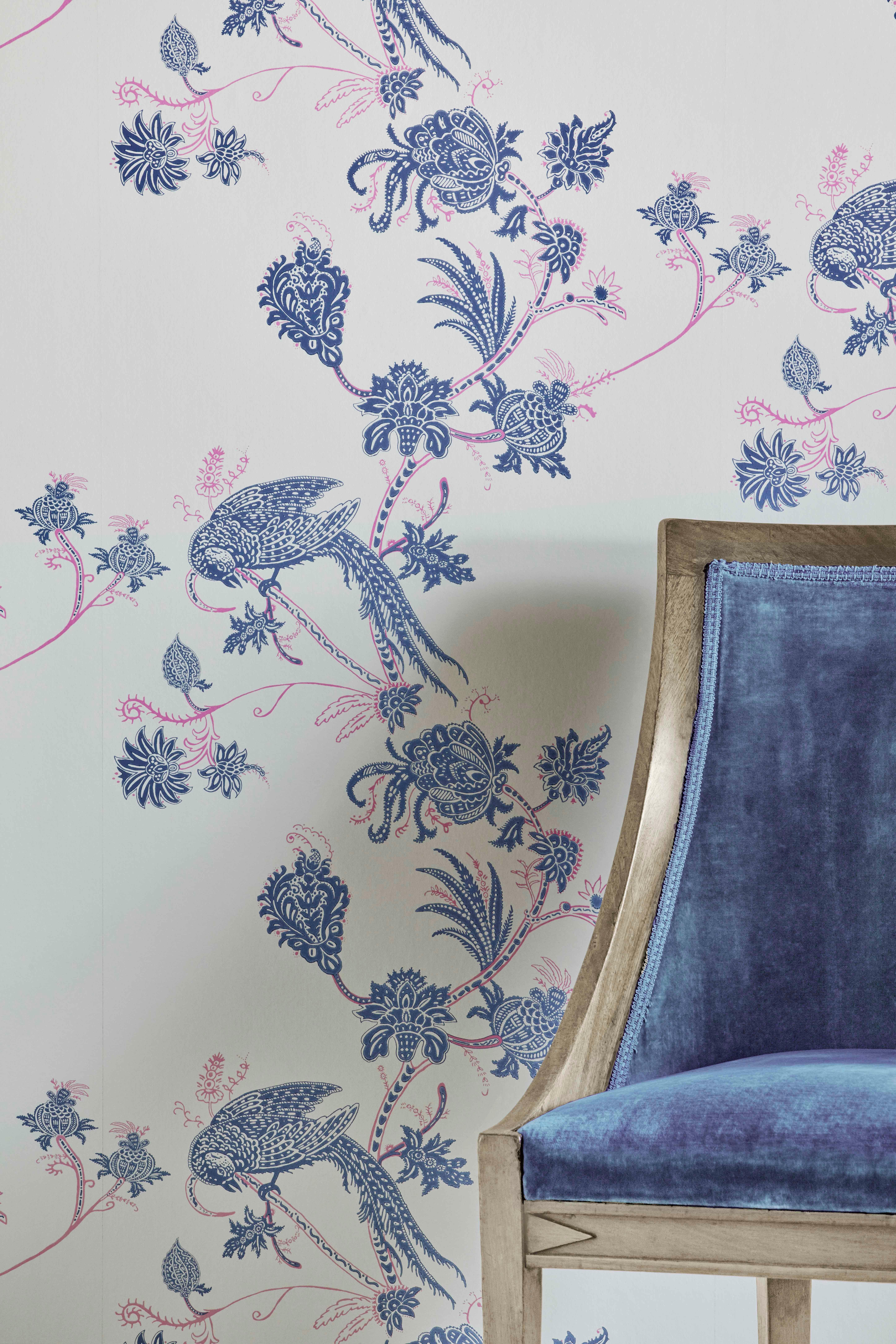 British 'Vintage Bird Trail' Contemporary, Traditional Wallpaper in Blue/Pink For Sale