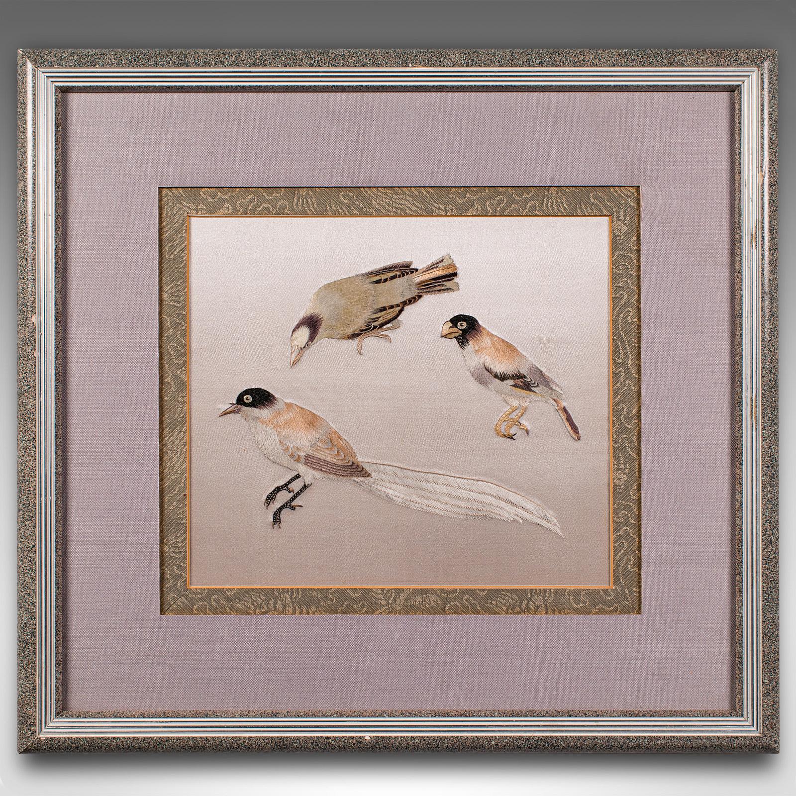 
This is a vintage bird wall panel. A Japanese, silk cotton embroidery display, dating to the Art Deco period, circa 1930.

Charming Oriental taste with appeal for the ornithologist
Presenting a desirable aged patina and in good order
Set within a