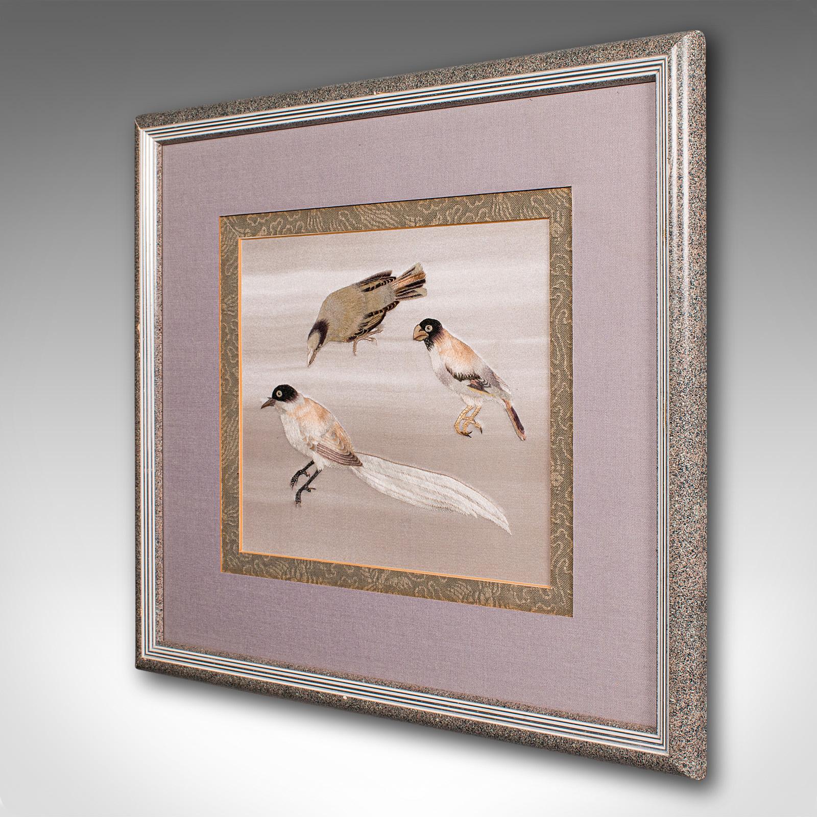 Vintage Bird Wall Panel, Japanese, Silk Cotton, Embroidery, Art Deco, Circa 1930 In Good Condition For Sale In Hele, Devon, GB
