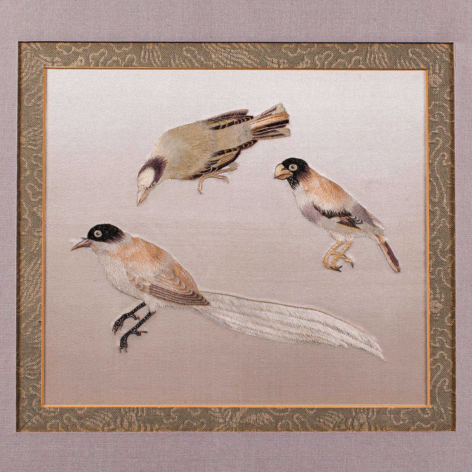 20th Century Vintage Bird Wall Panel, Japanese, Silk Cotton, Embroidery, Art Deco, Circa 1930 For Sale