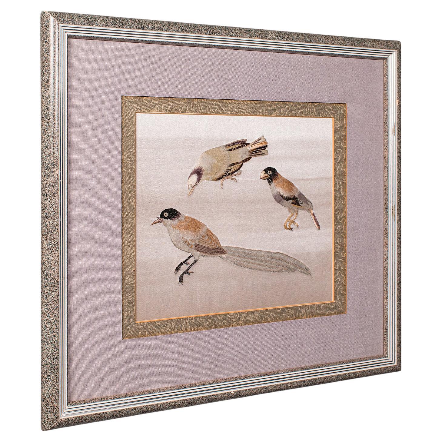 Panel de Pared Vintage Pájaro, Japonés, Algodón de Seda, Bordado, Art Decó, Circa 1930