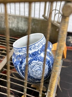 Vintage Birdcage W/ Blue & White Porcelain Feeders