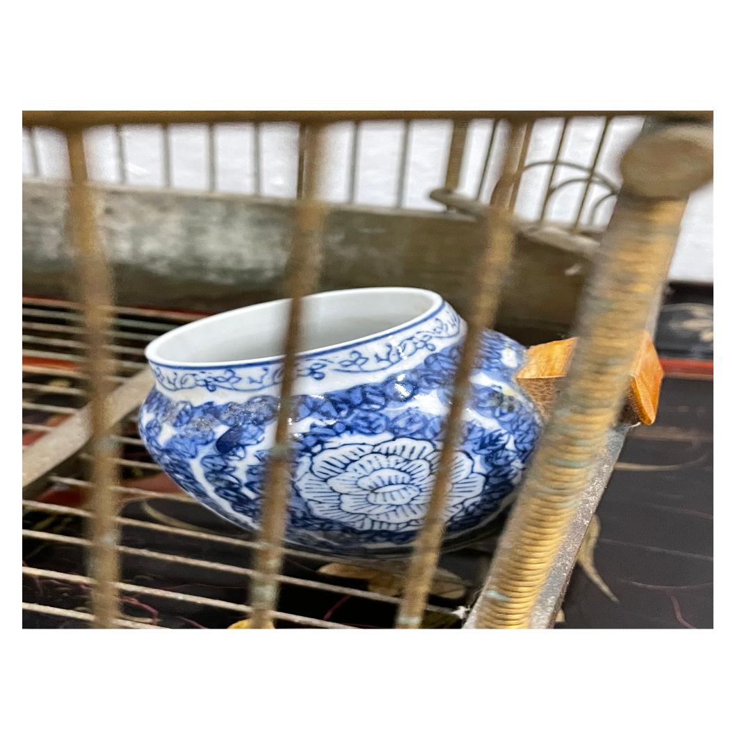 Vintage Birdcage W/ Blue & White Porcelain Feeders For Sale 1