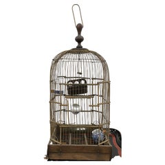 Used Birdcage W/ Blue & White Porcelain Feeders