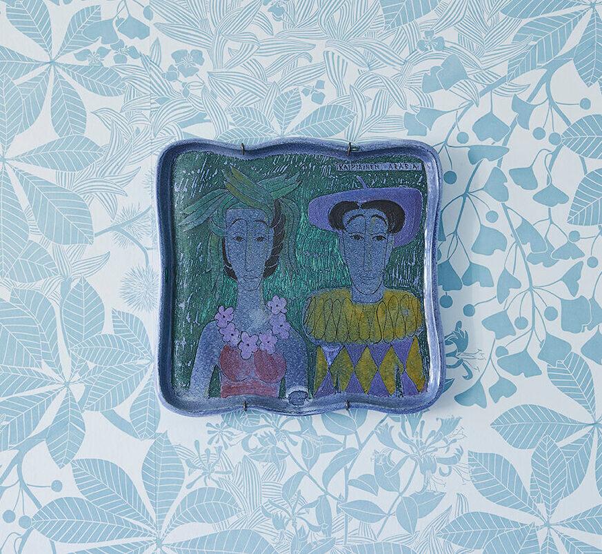 Birger Kaipiainen
Finland, 1940's

Ceramic hanging platter with decoration on blue fund.

Birger Johannes Kaipiainen (1915-88) graduated from the Central School of Arts and Crafts of Helsinki and worked for Finnish ceramics company Arabia for
