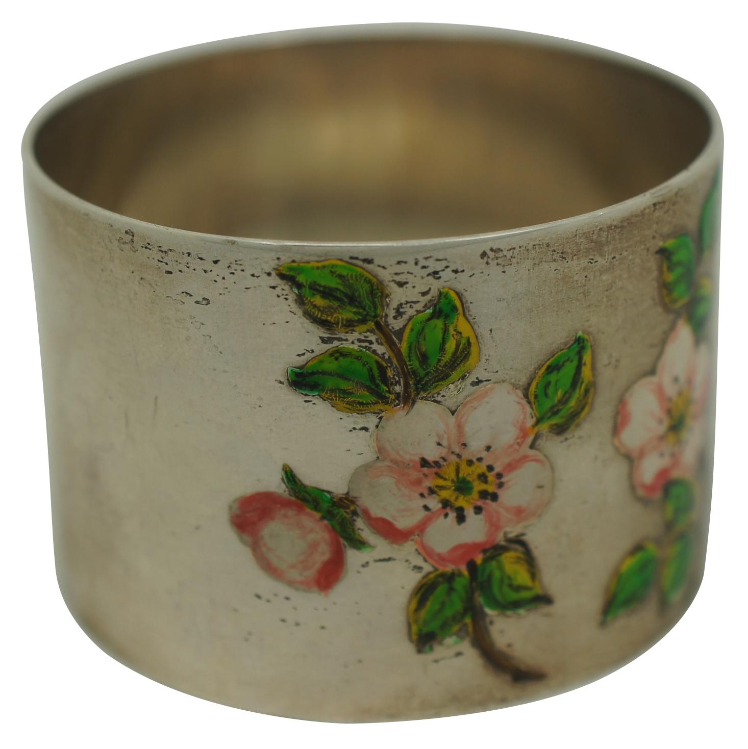 Mid-Century Modern Vintage Birmingham Sterling Silver 925 Enamel Napkin Ring Cherry Blossoms 34g
