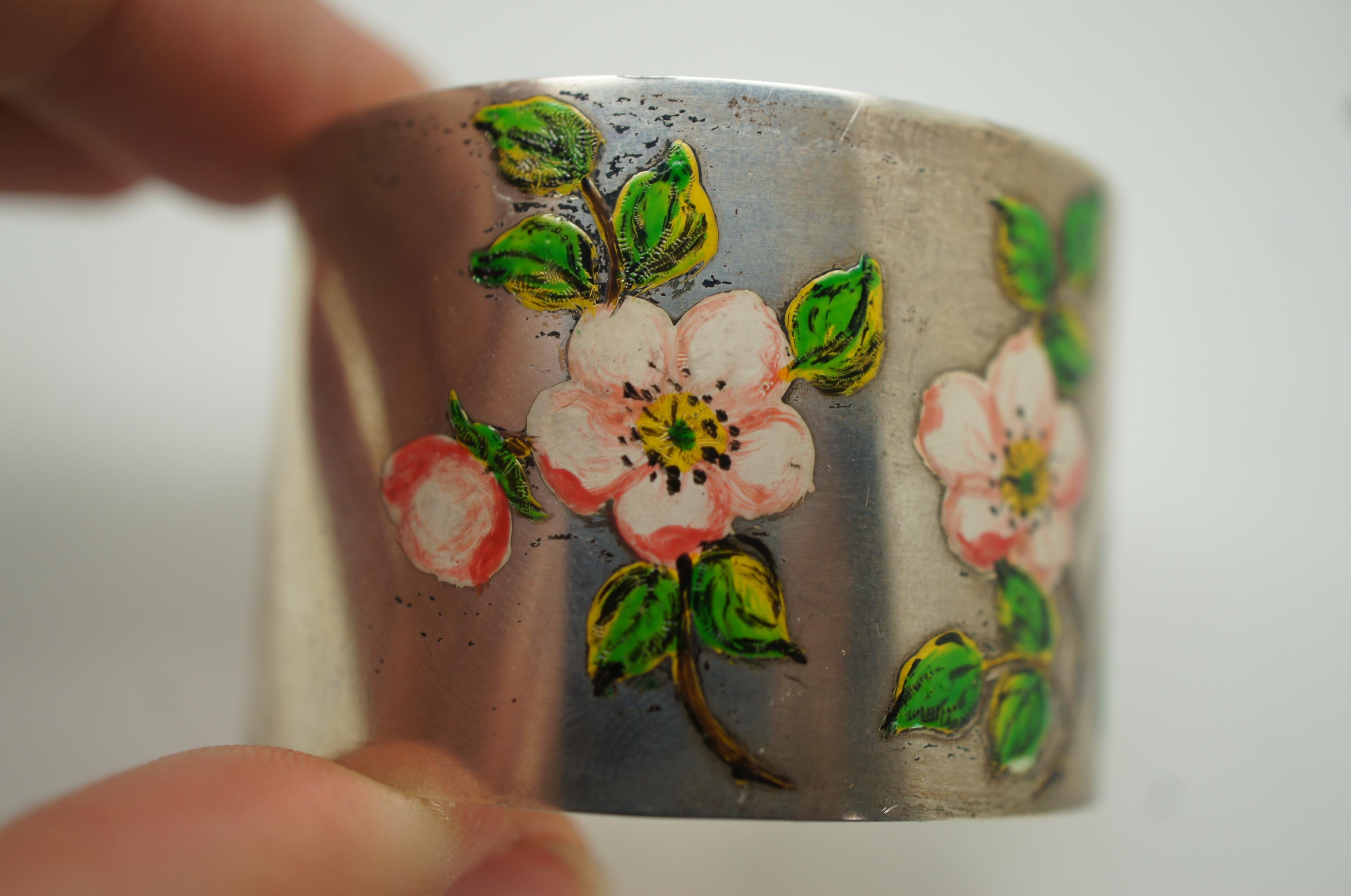 Vintage Birmingham Sterling Silver 925 Enamel Napkin Ring Cherry Blossoms 34g 3