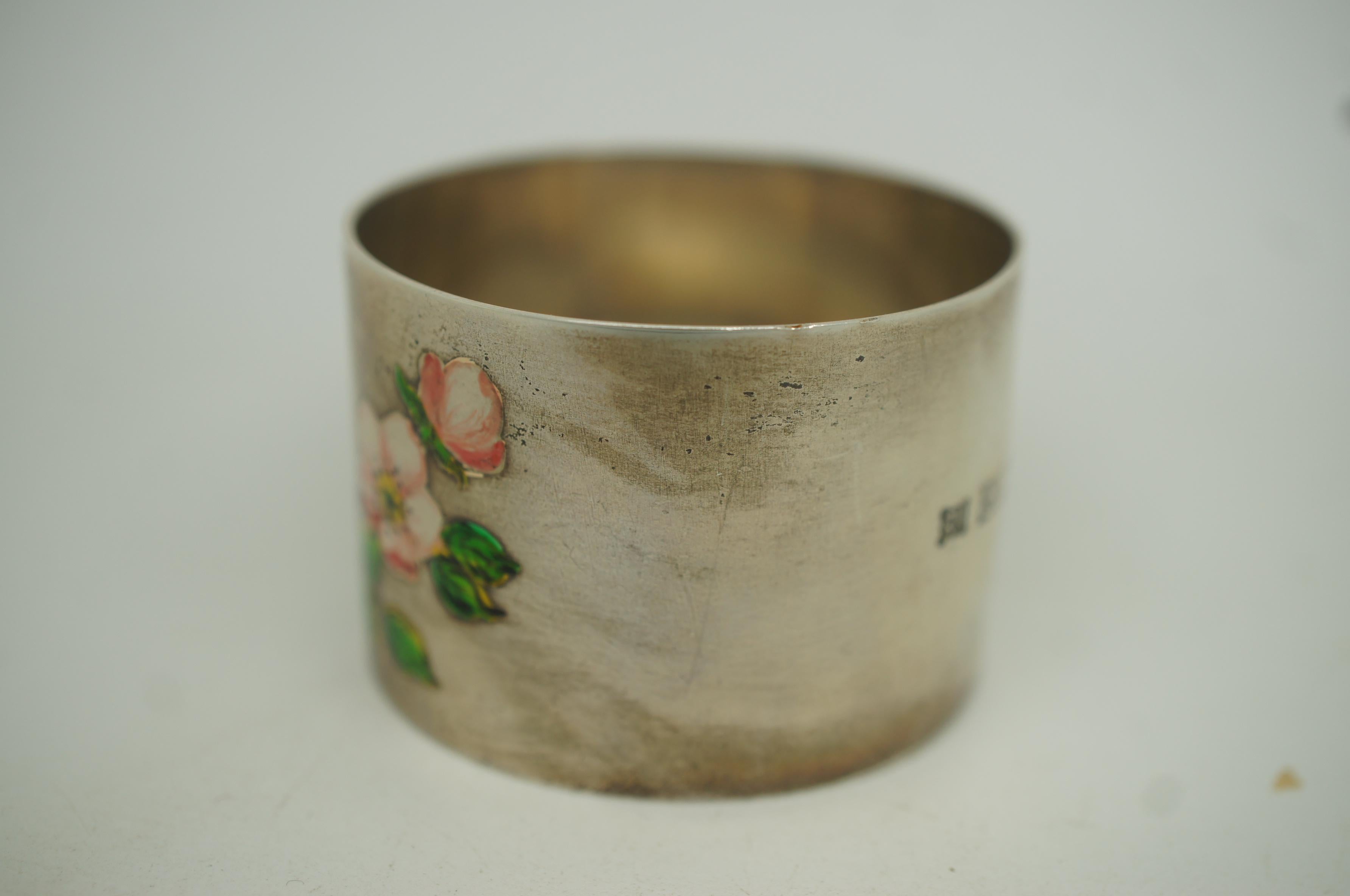 Vintage Birmingham Sterling Silver 925 Enamel Napkin Ring Cherry Blossoms 34g 4