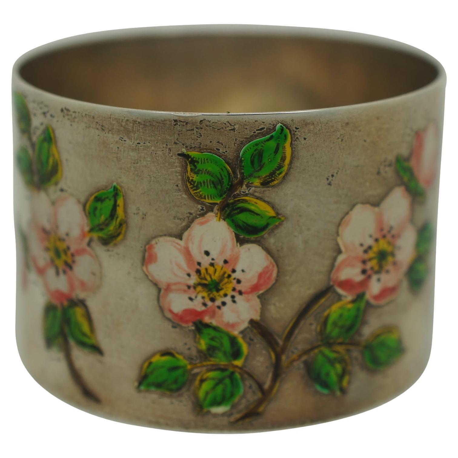 Vintage Birmingham Sterling Silver 925 Enamel Napkin Ring Cherry Blossoms 34g