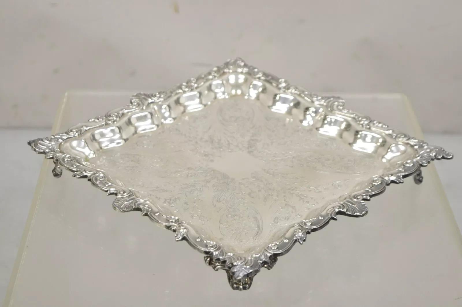 Vintage Birmingham Victorian Style Silver Plated Ornate Square Platter Tray For Sale 5