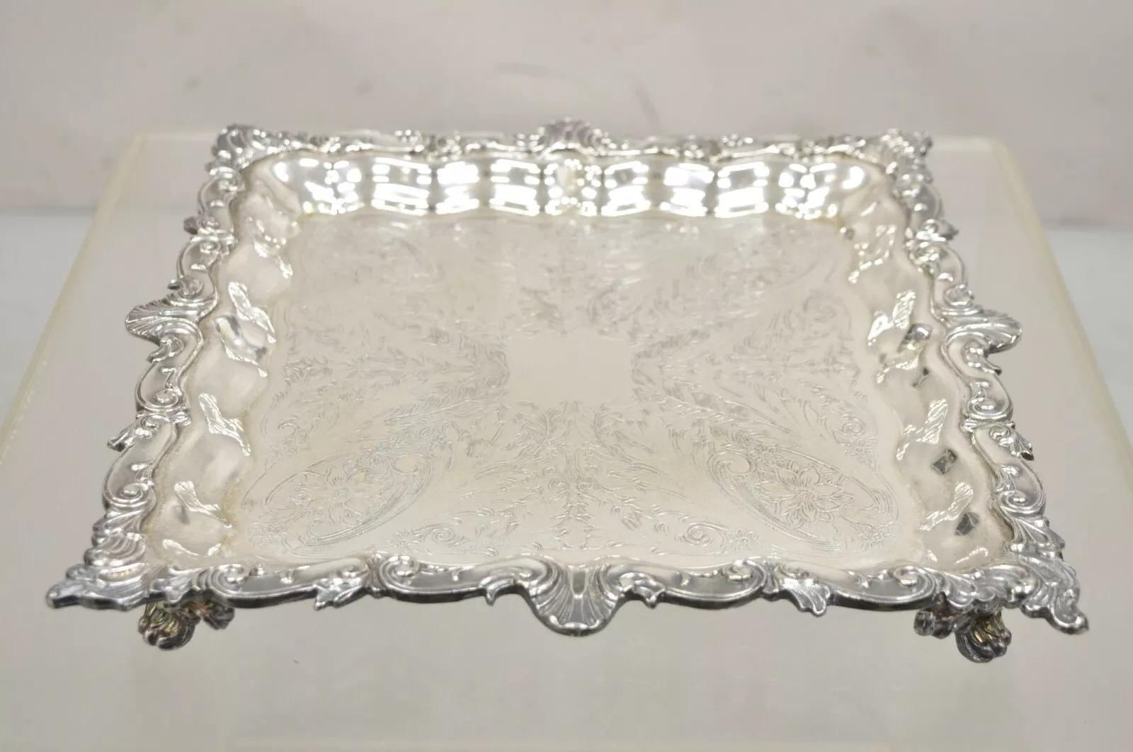 Vintage Birmingham Victorian Style Silver Plated Ornate Square Platter Tray For Sale 6