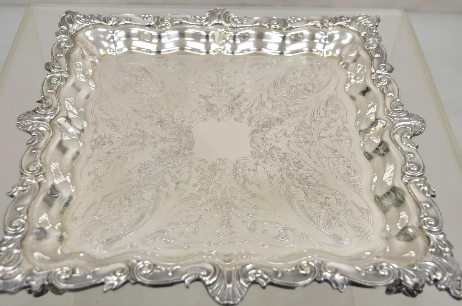 Unknown Vintage Birmingham Victorian Style Silver Plated Ornate Square Platter Tray For Sale