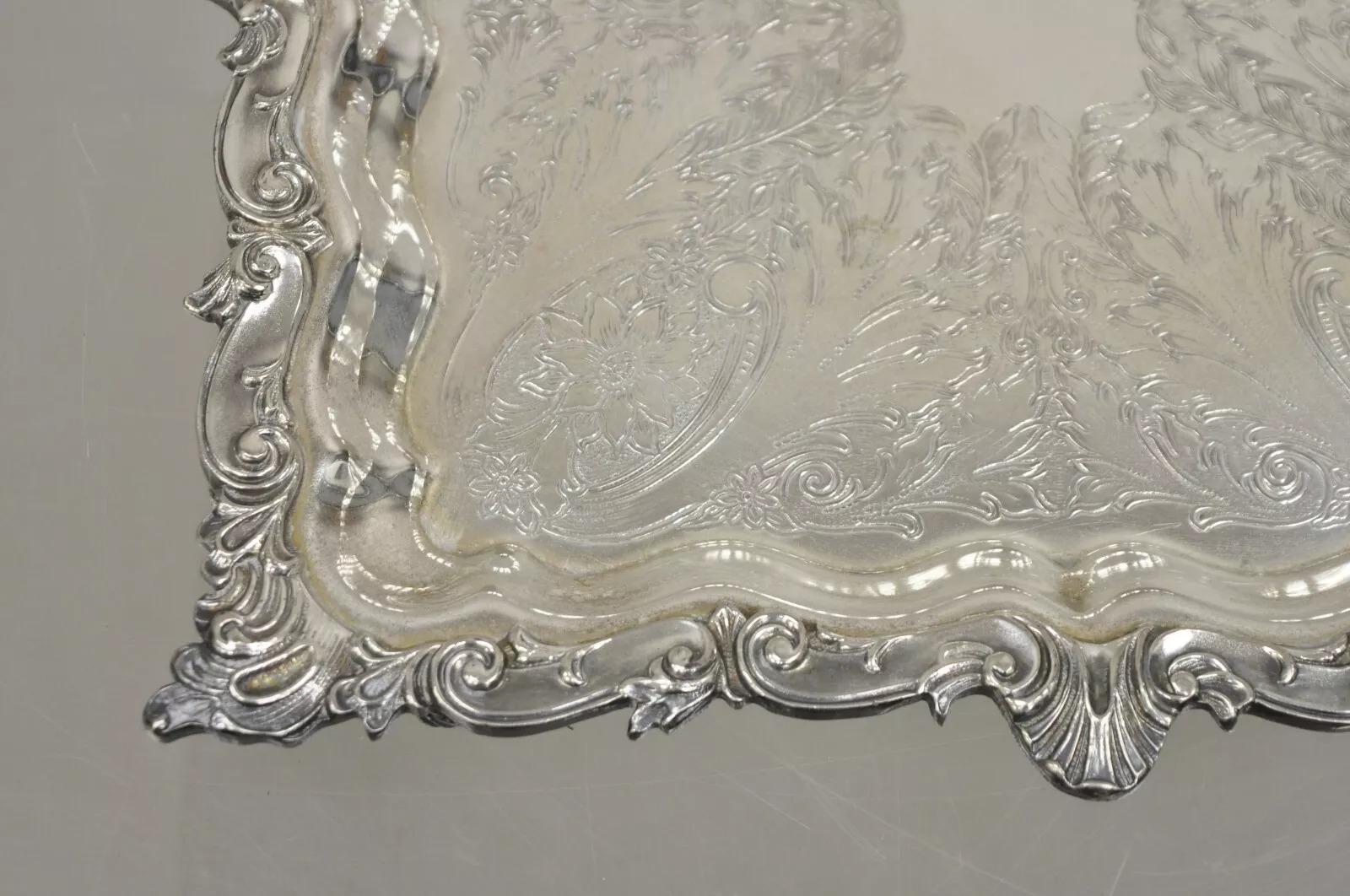 Vintage Birmingham Victorian Style Silver Plated Ornate Square Platter Tray In Good Condition For Sale In Philadelphia, PA