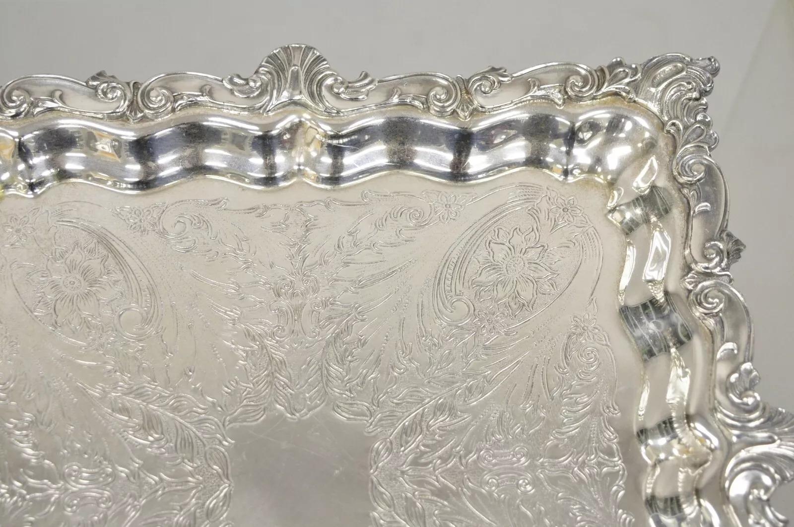 20th Century Vintage Birmingham Victorian Style Silver Plated Ornate Square Platter Tray For Sale