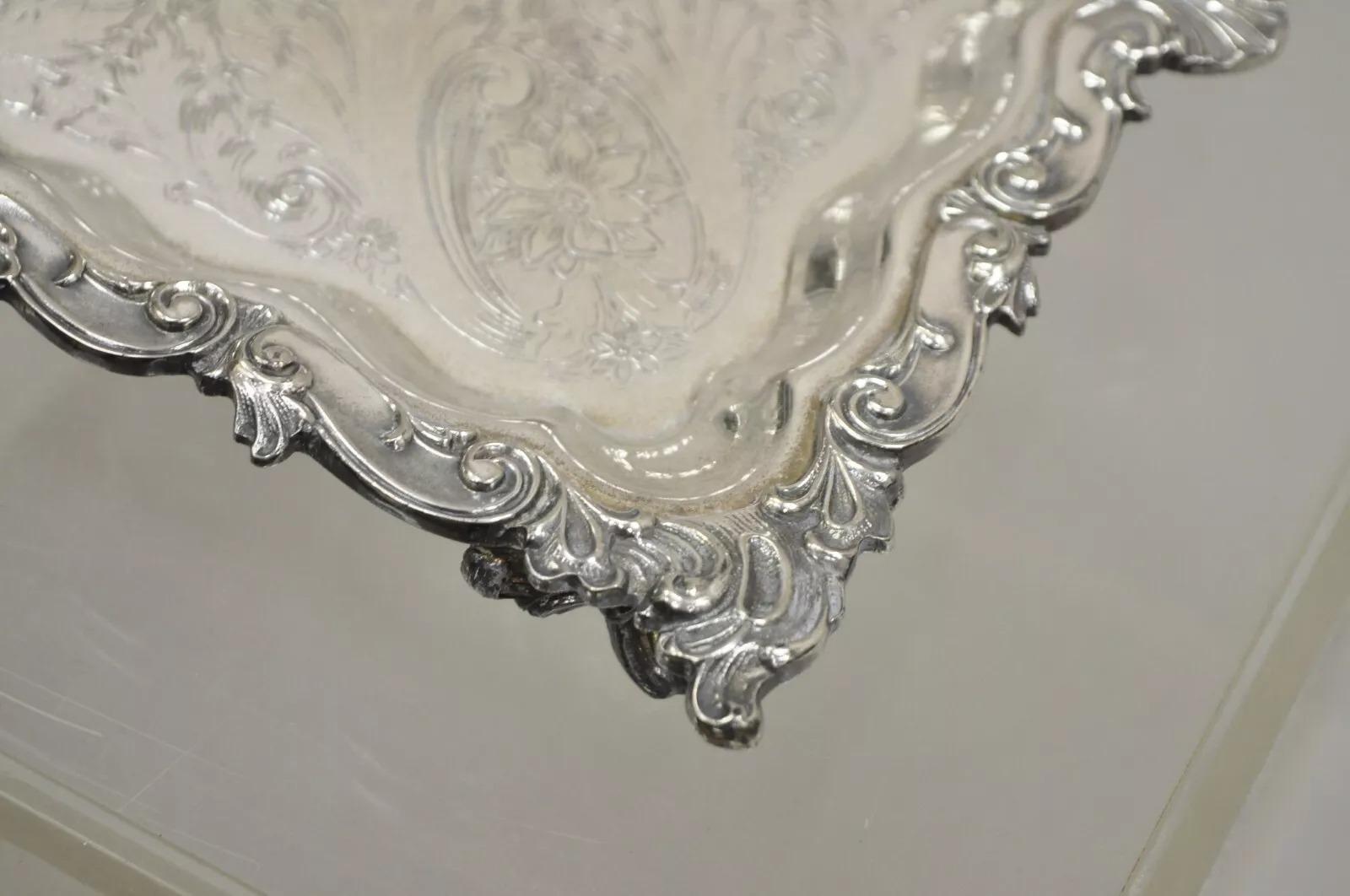 Vintage Birmingham Victorian Style Silver Plated Ornate Square Platter Tray For Sale 1