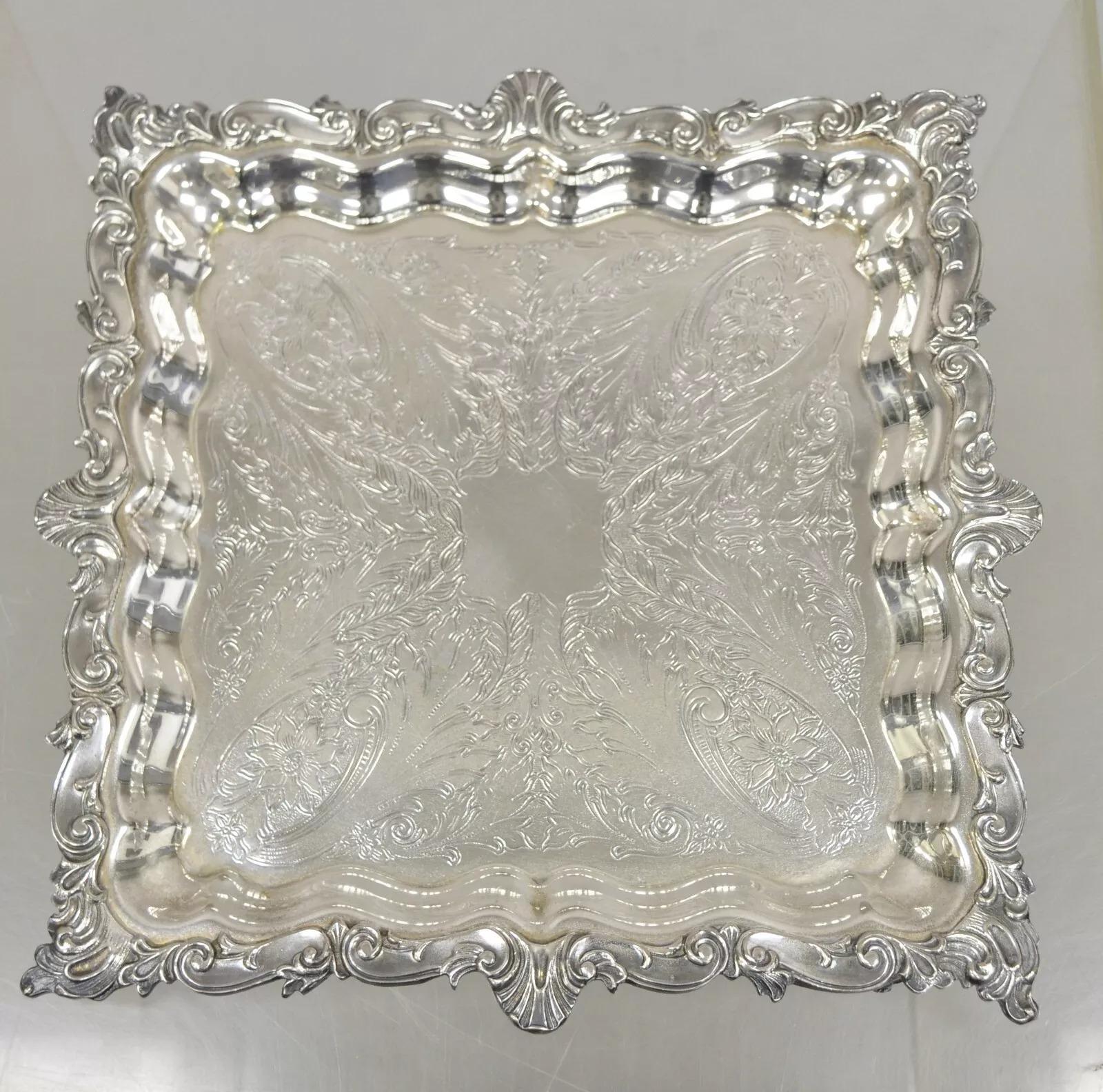 Vintage Birmingham Victorian Style Silver Plated Ornate Square Platter Tray For Sale 4