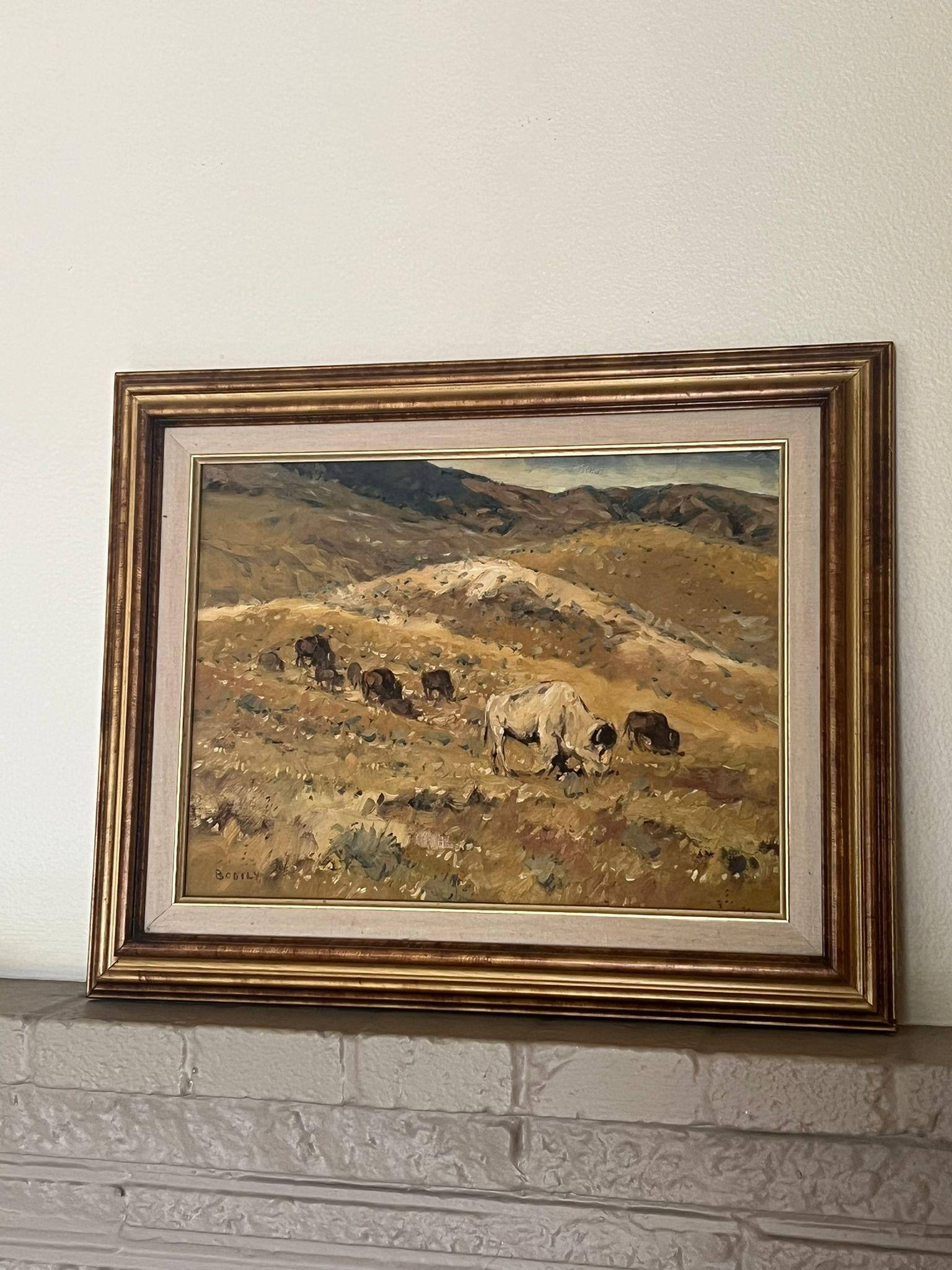 (1936) Oil non canvas. Framed. Bodily received his early training from an uncle and furthered his artistic education at Brigham Young University. Subjects rendered in oils include Indian scenes , cowboys, wagon trains, stagecoaches and wildlife. His