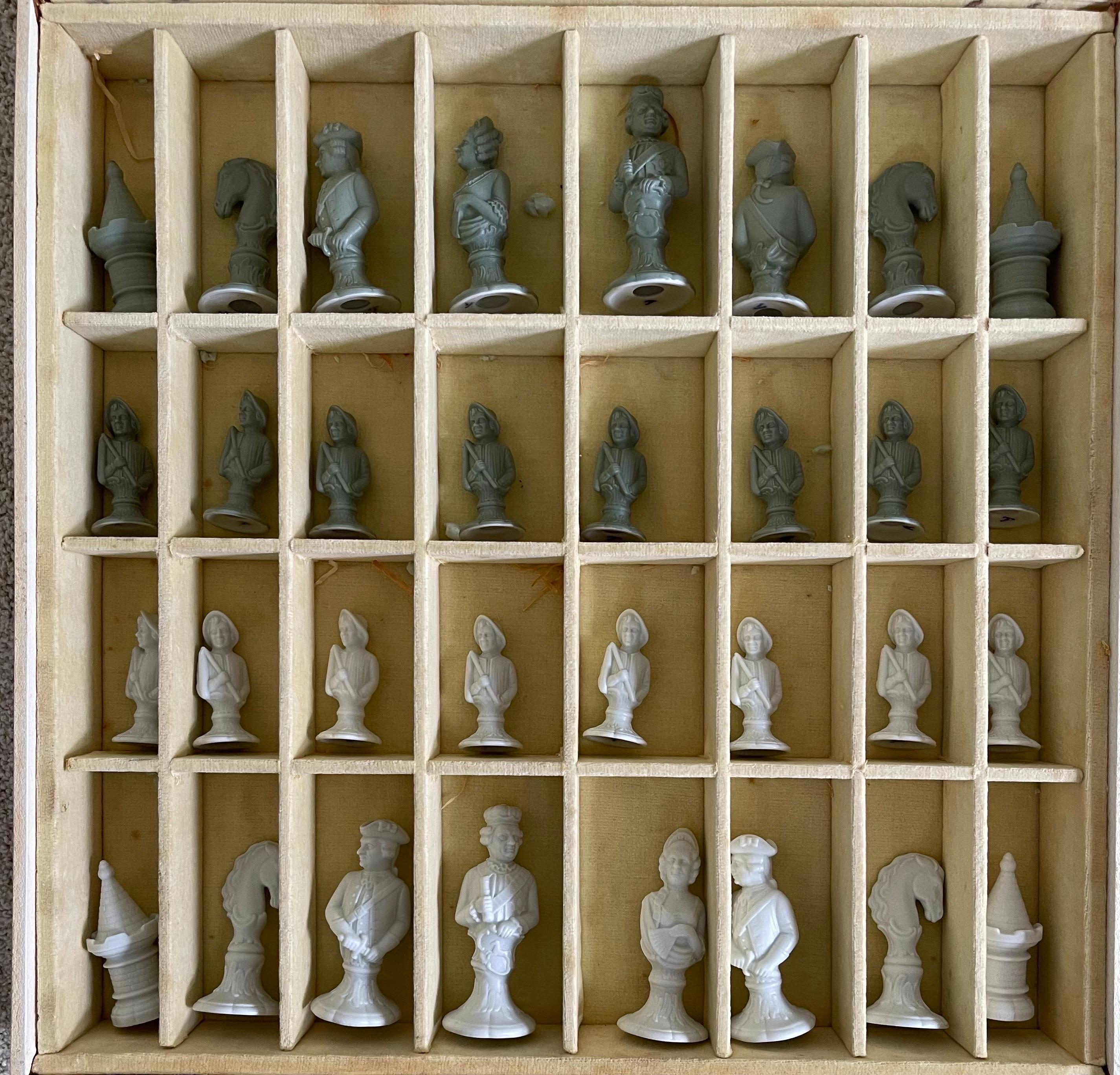 Vintage Bisque Porcelain Chess Set with Etched Glass Board by Furstenberg  For Sale 10