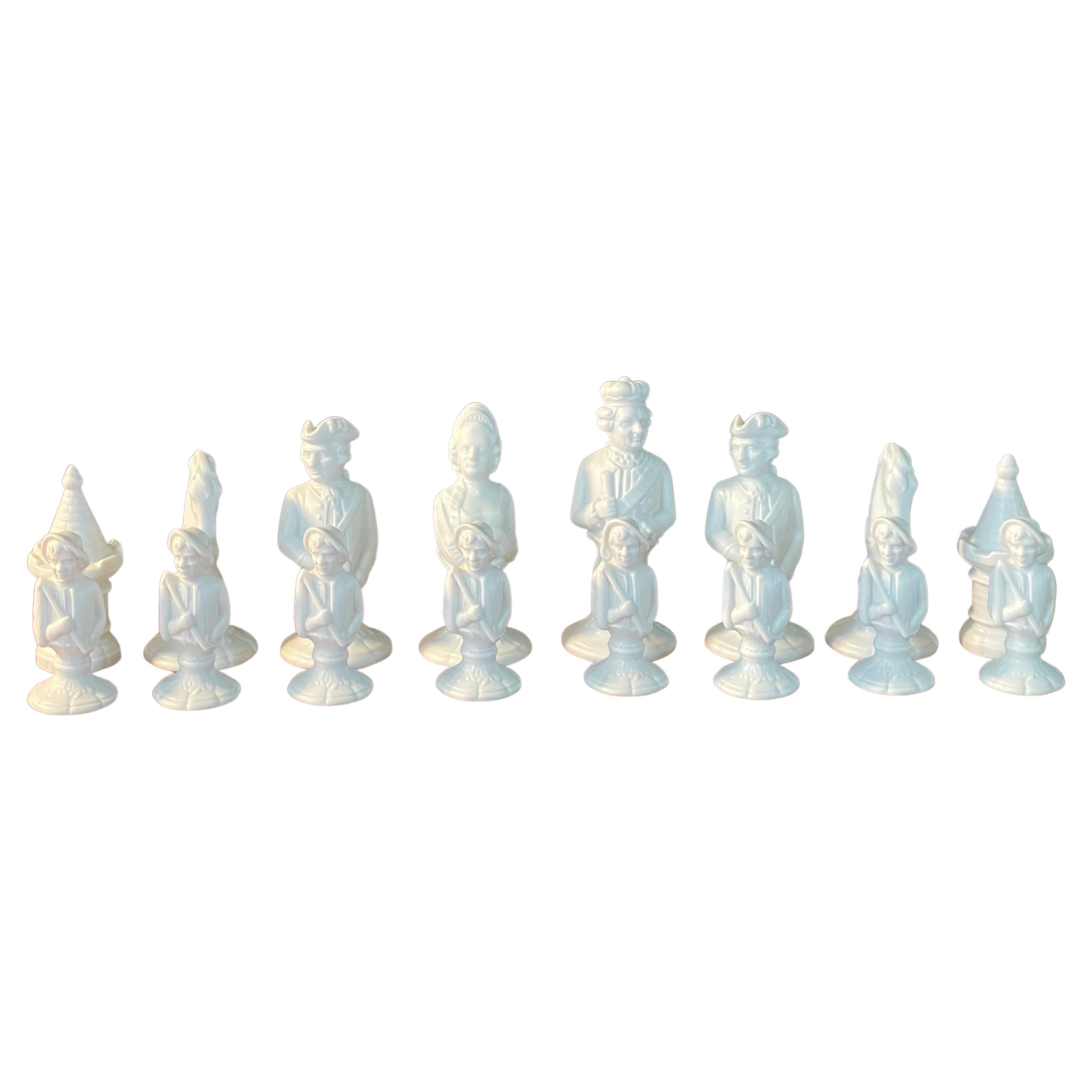 Beautiful and rare bisque porcelain chess set “Made in Germany” by Fürstenberg Porcelain, circa 1947. The castings were made from the original 18th century molds to commemorate 200th year anniversary of the Furstenberg manufactory in 1947. They are