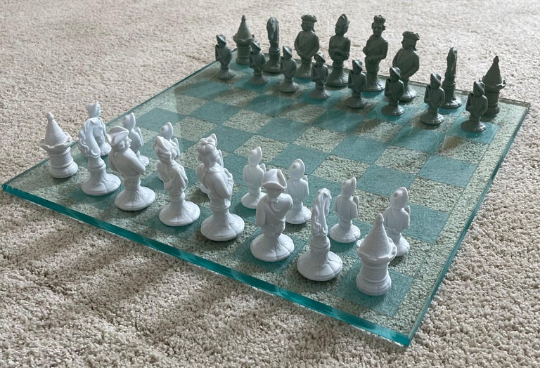 Vintage Bisque Porcelain Chess Set with Etched Glass Board by