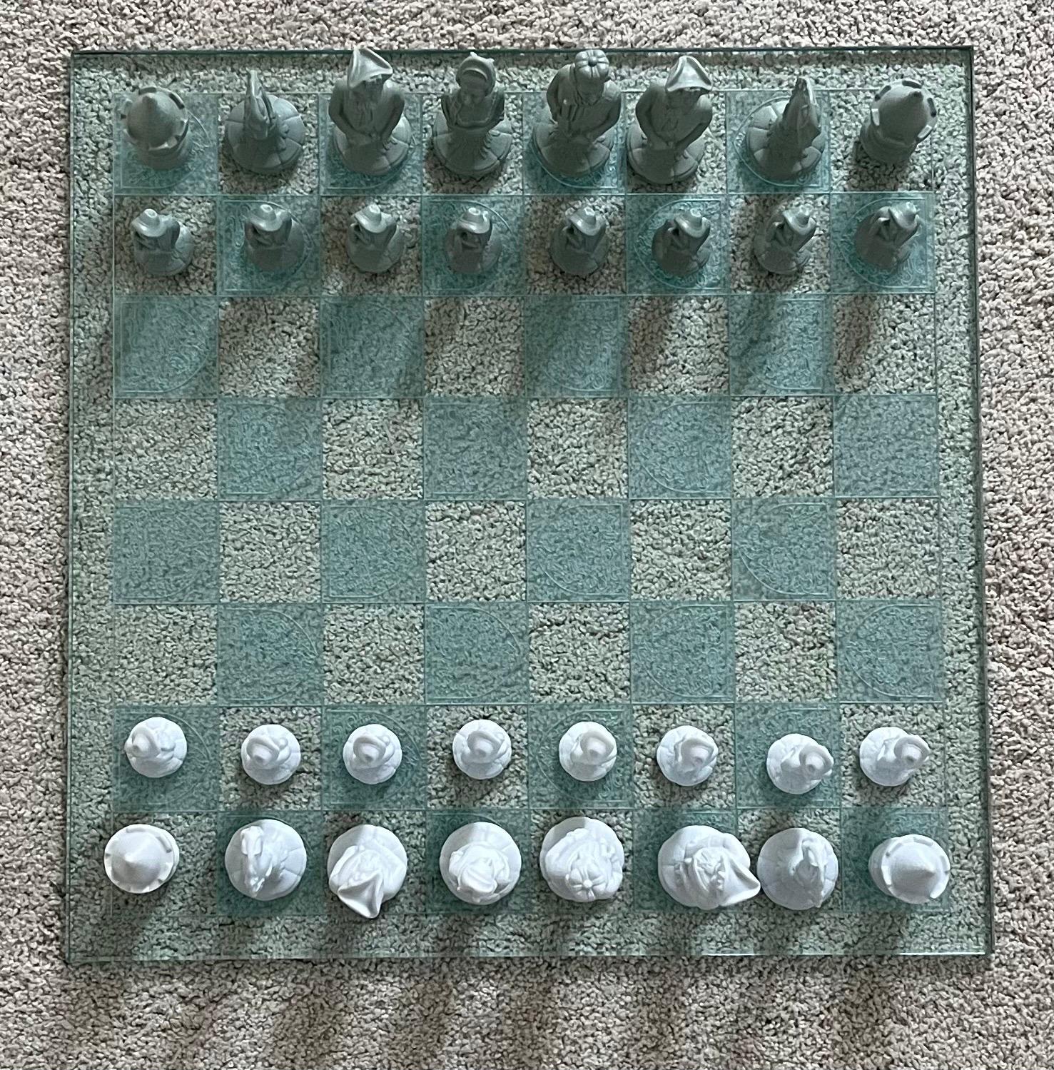 German Vintage Bisque Porcelain Chess Set with Etched Glass Board by Furstenberg  For Sale