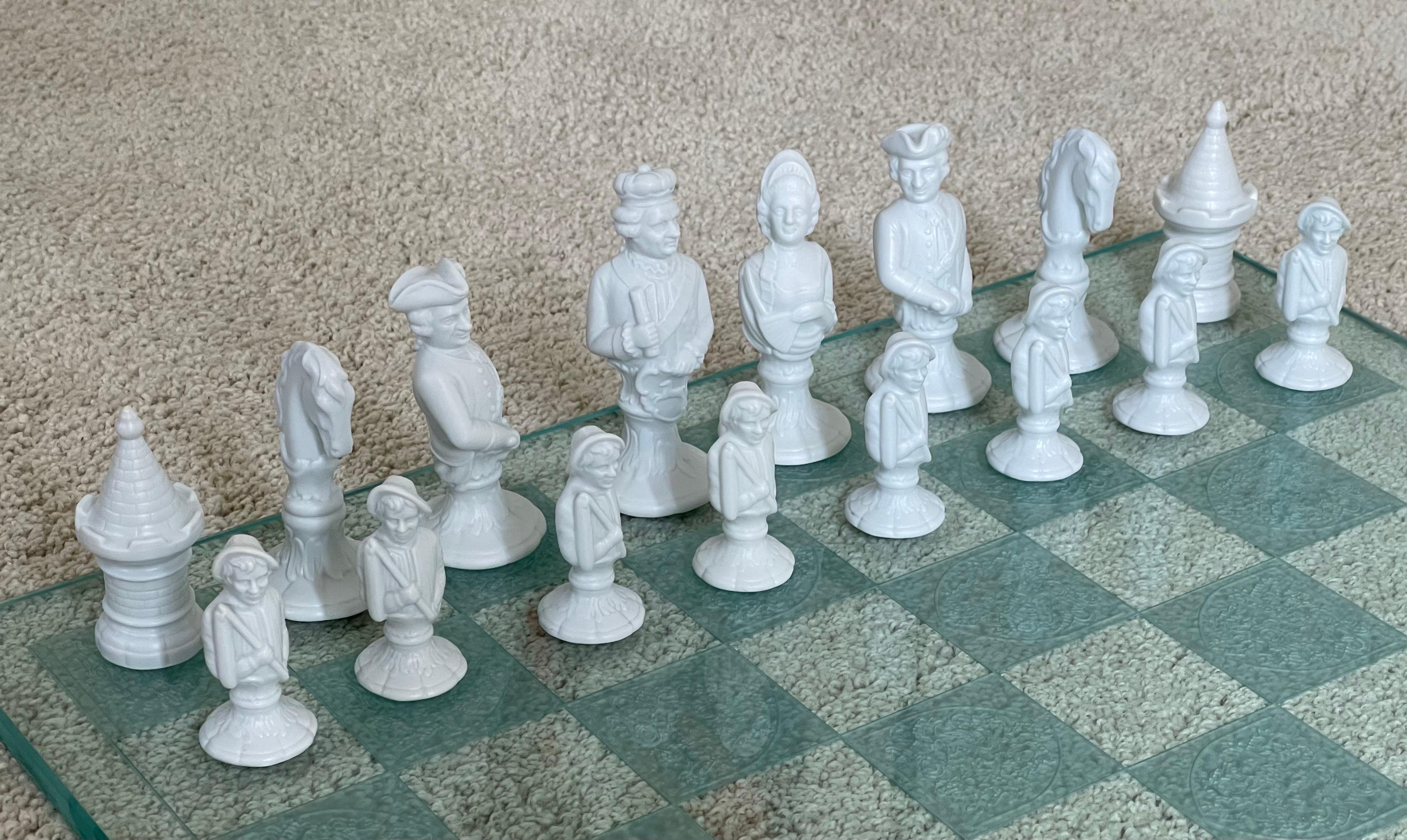 Vintage Bisque Porcelain Chess Set with Etched Glass Board by Furstenberg  In Good Condition For Sale In San Diego, CA