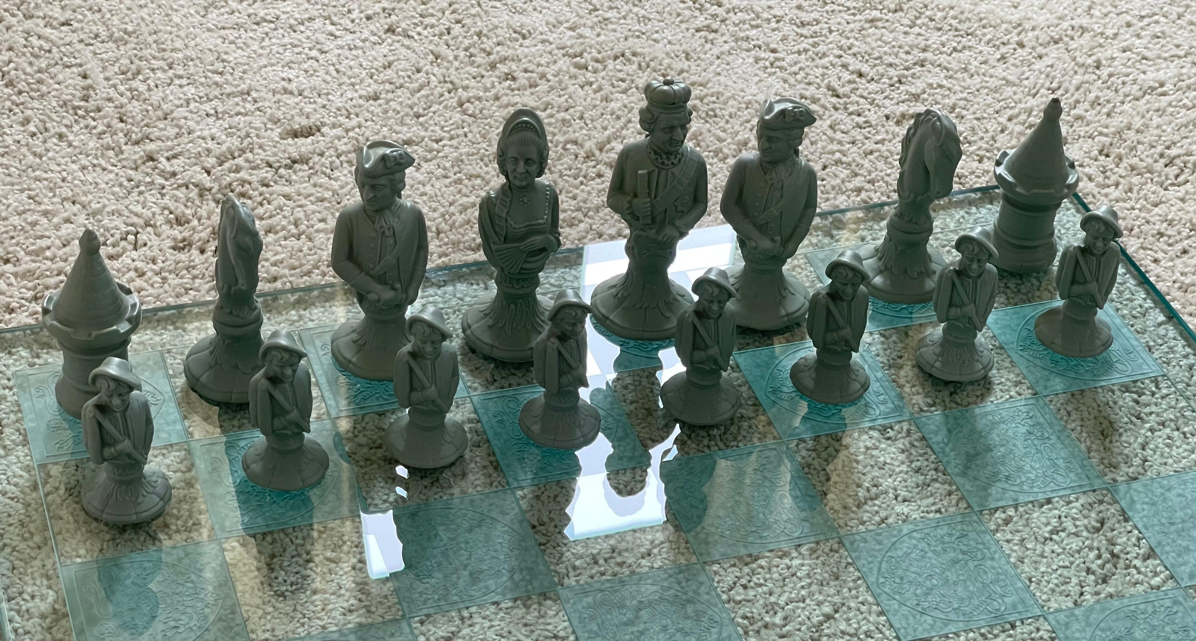 20th Century Vintage Bisque Porcelain Chess Set with Etched Glass Board by Furstenberg  For Sale