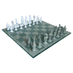 Vintage Bisque Porcelain Chess Set with Etched Glass Board by Furstenberg 
