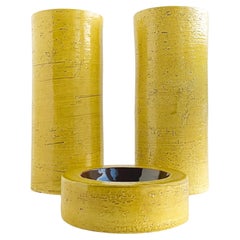 Vintage Bitossi Aldo Londi Brutalist Set of Yellow Vases and Dish, Italian 1960