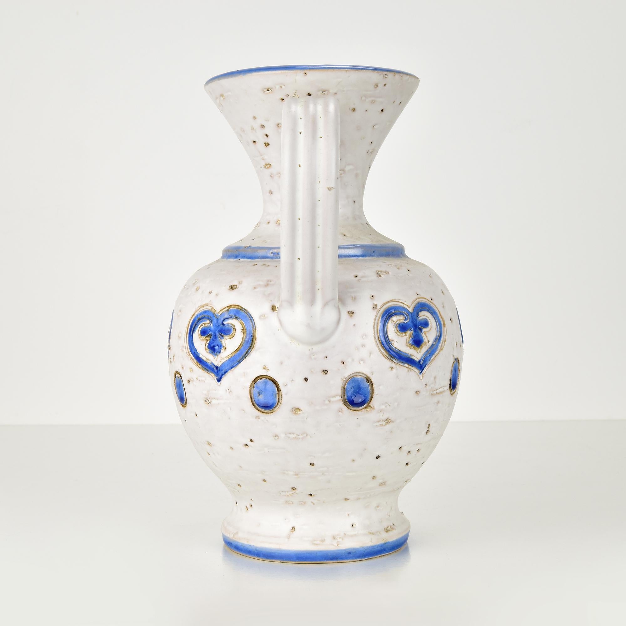 italien Vase Bitossi par Aldo Londi, motif de cœurs marocains, céramique bleue et blanche en vente