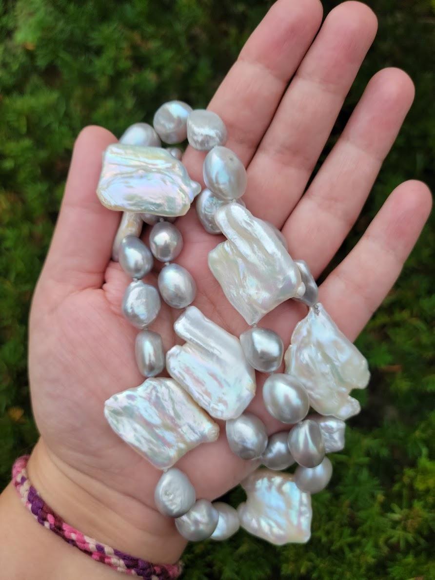 Bead Vintage Biwa Pearl and Baroque Pearl Necklace For Sale