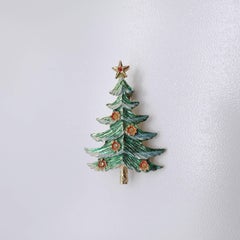 Vintage B.J Green Enamel Christmas Tree Brooch w Floral Ornament Crystal Accents
