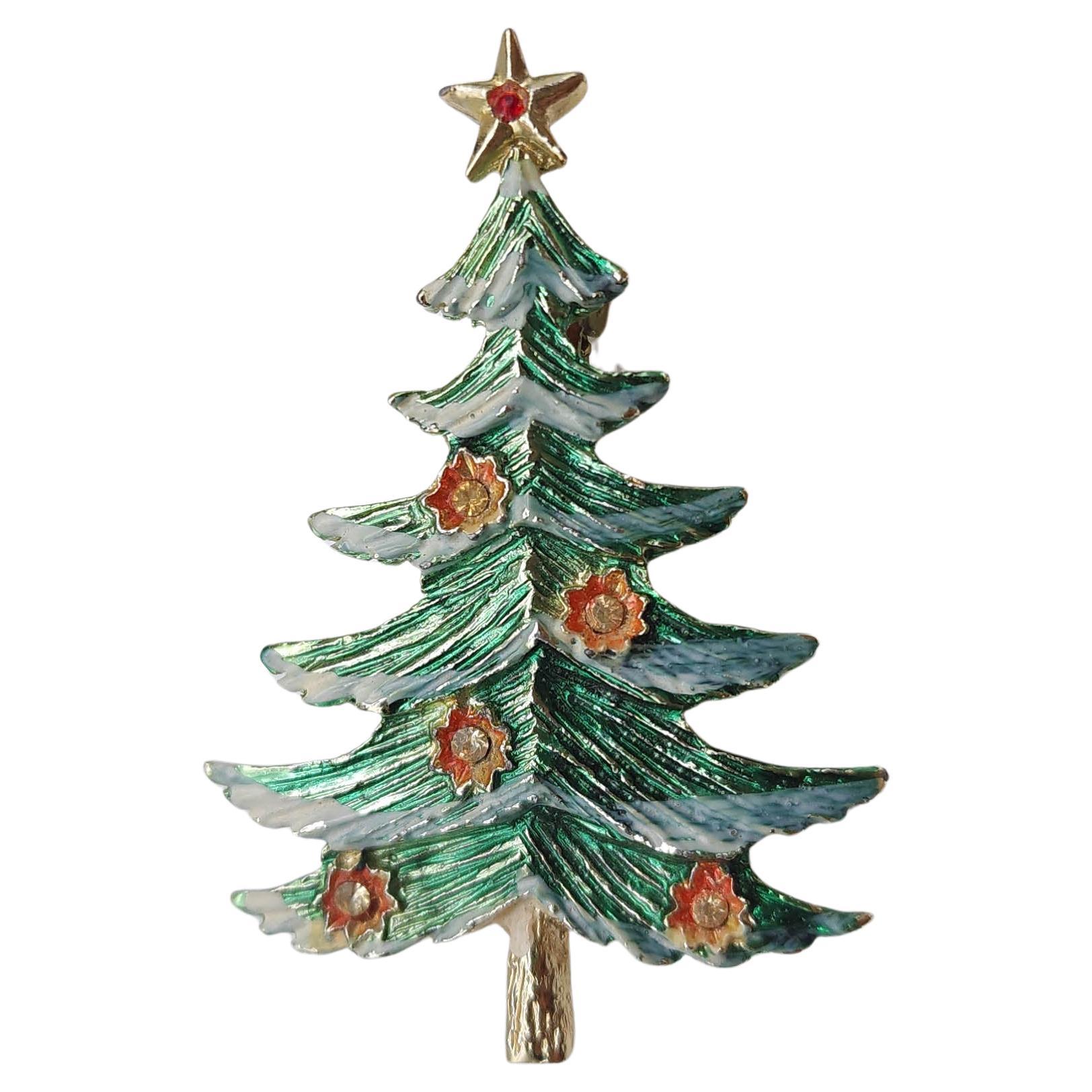 Vintage J. Greene & Greene Spilla albero di Natale con ornamento floreale e accenti di cristallo